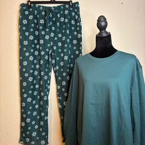 Cuddl Duds Pajama Set XL Cozy Top Pants Green Snowflake Fleece Loungewear Cabin
